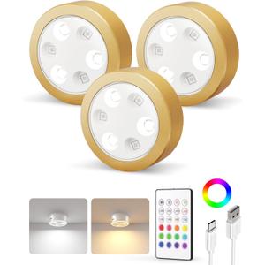 EZVALO Puck Lights with Remote,2000mAh Rechargeable Tap Light,RGB LED Display Lighting, Wireless Closet Light,Under Cabinet Lighs,Sitck On Lights for Kitchen,Closet,Pantry,Shelves(3 Packs) (Pure Gold)