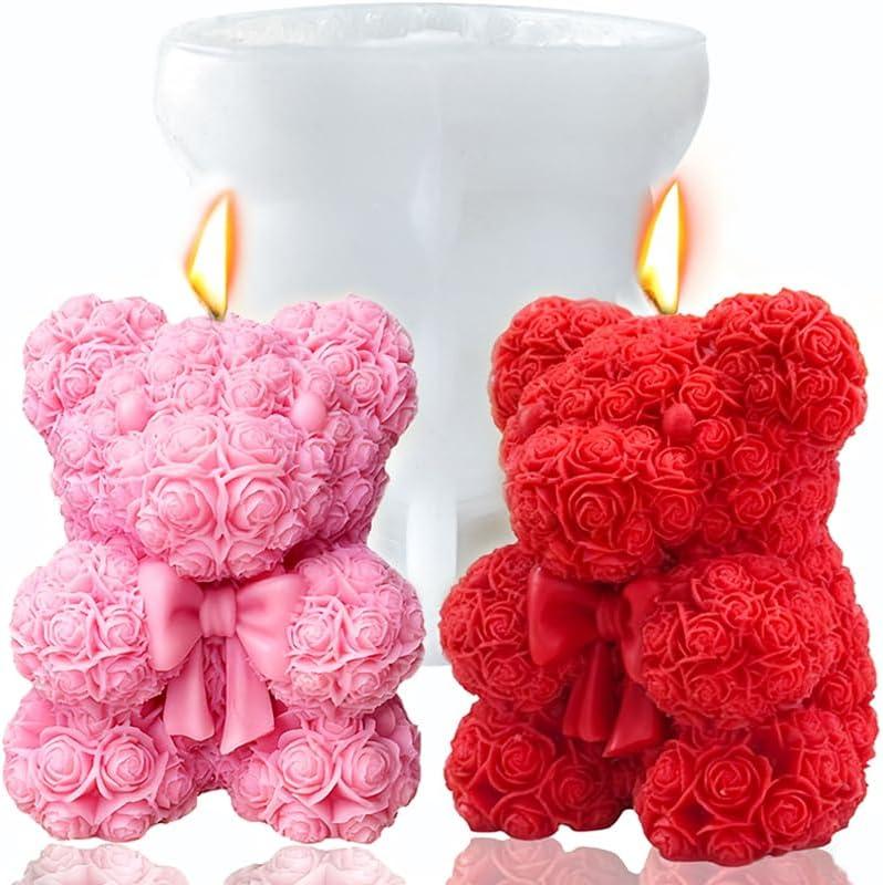 Bowtie Rose Bear Candle Mold 3D Teddy Bear Silicone Mold for DIY Handmade Soaps, Epoxy Resin Crafts, Father's Day Gifts, Birthday Gifts, Valentine's Day Gifts & Home Decorations Reusable Molds