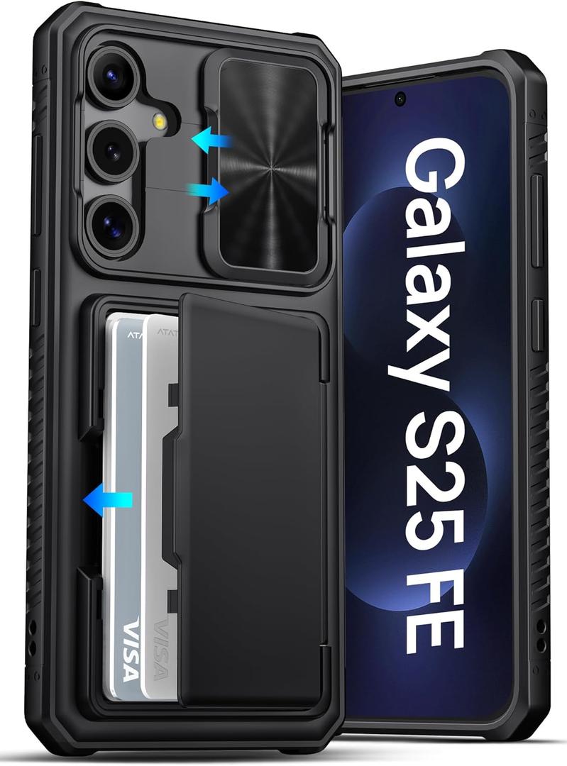 ATATOO for Samsung Galaxy S25 FE Case Wallet, Built-in Card Holder (3-5 Cards) [RFID Blocking] & Slide Camera Cover, Military Grade Protection, Rugged Phone Case for Galaxy S25 FE 6.7" 2025, Black