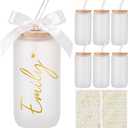 Skylety 6 Set Frosted Personalized Glass Cups with Name Stickers 16 oz Customized Coffee Cups with Bamboo Lids and Glass Straws Ribbon Vinyl Letter Decals DIY Gift for Proposal Bridal Shower Birthday