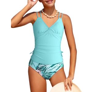 Girls Swimsuit 2 Piece Bikini Set Tropical Print Girls Bathing Suit Adjustable Straps 7-16T (7-8 Years, Light Blue)