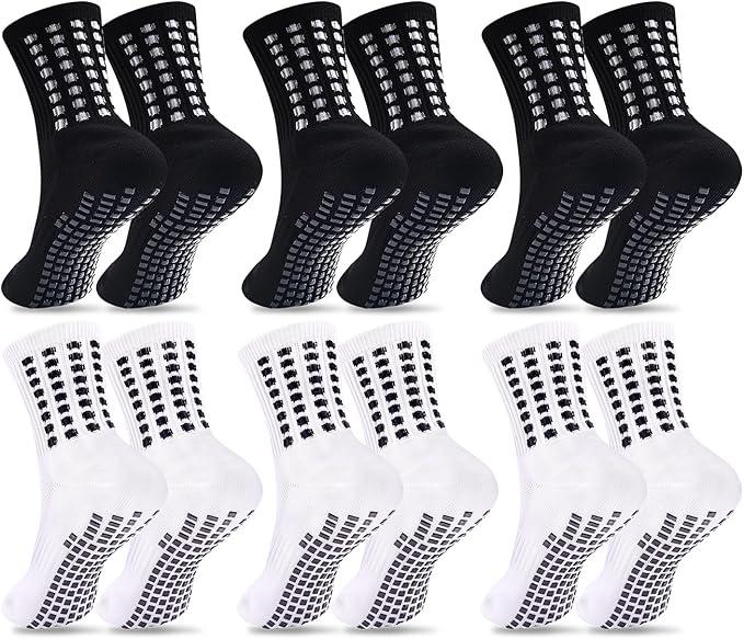 Duufin 6 Pairs Youth Grip Soccer Socks Black White Cushioned Non Slip Grippy Sports Athletic Grip Socks for Kids Youth Boys Girls 6-8 Years Old