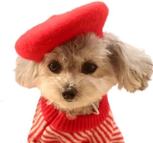 MuYaoPet Dog Cat Beret Wool Hat Headband French Artist Beanie Beret Hair Accessory Photo Props (Red, One Size)