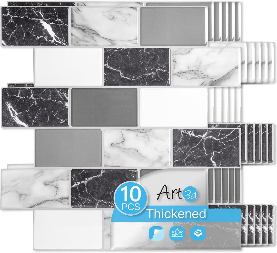 Art3d Peel and Stick Black White Grey Marble Wall Tiles  12"x12" Thicker Design Backsplash, Self-Adhesive Tile for Kitchen & Bathroom Decor