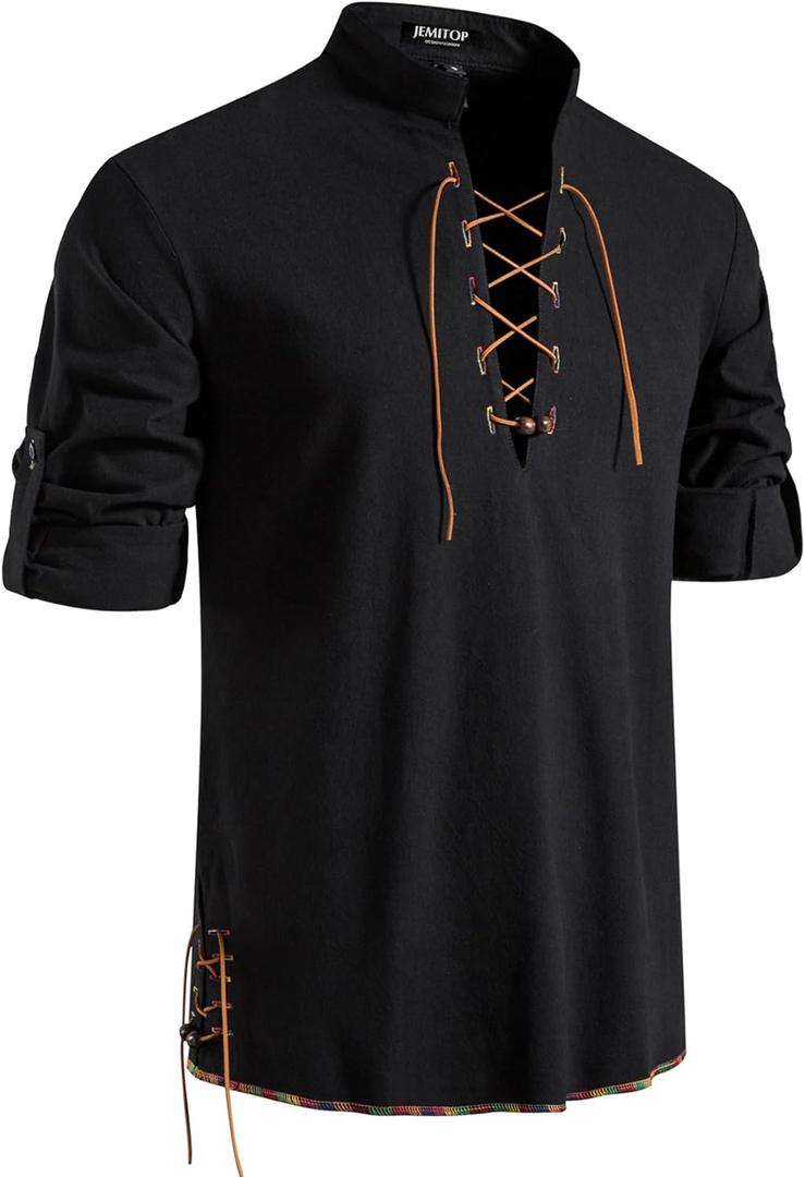 JEMITOP Men's Pure Cotton Retro Lace Up Shirts for Renaissance Pirate Medieval Viking (Black, XL)