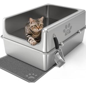 Enclosed Stainless Steel Cat Litter Box with Lid, Oversize Metal Litter Box for Multi Cats, XXXL Supersize Cat Toilet with High Side, Non-Stick, Anti-Leakage, Odorless, with Litter Mat & Litter Scoop