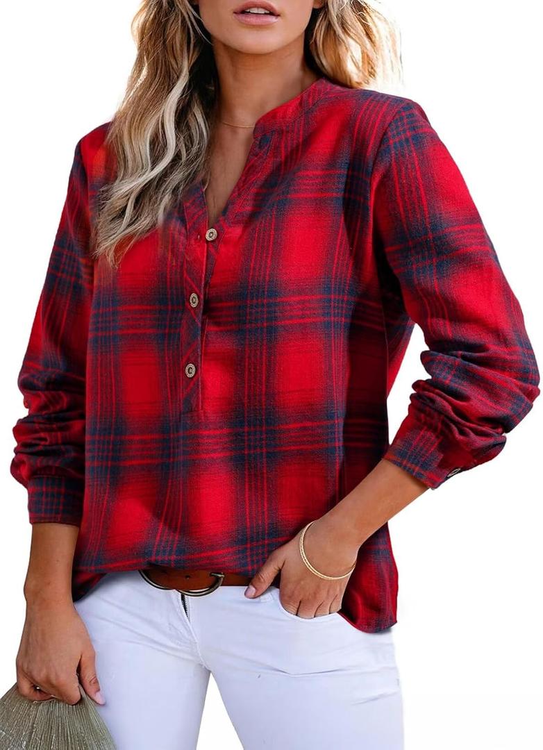 Astylish Women's V Neck Plaid Shirts Flannel Casual Blouses Button-Down Business Boho Tops Long Sleeve 2025 Fall Outfits (Large, Red)