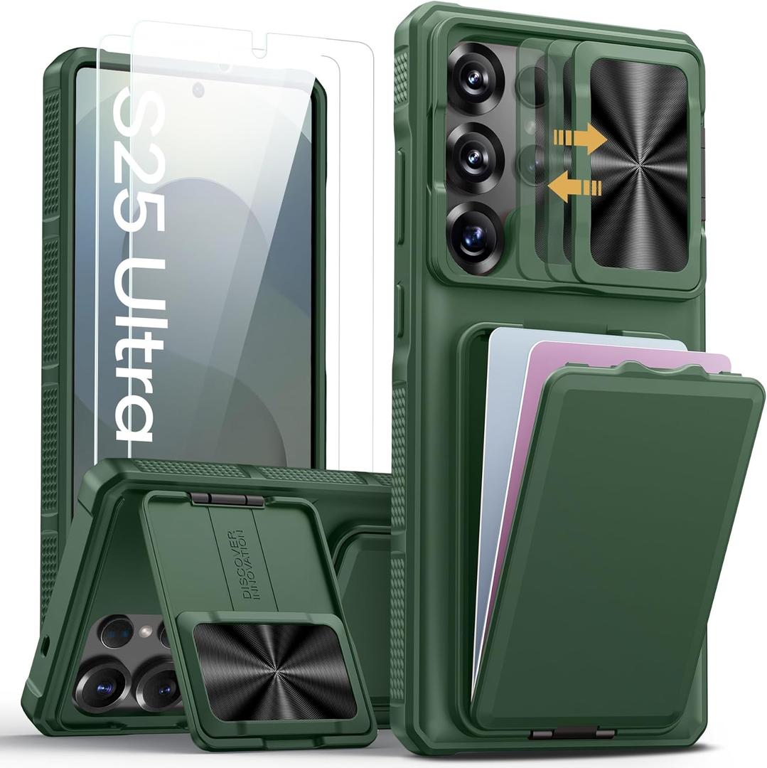 SSLOTSCASE for Samsung Galaxy S25 Ultra Case with 2X Screen Protector, Card Holder & Camera Cover Stand & Slide Lens Cover, Multifunctional Rugged Wallet Phone Cover for Galaxy S25 Ultra, Green