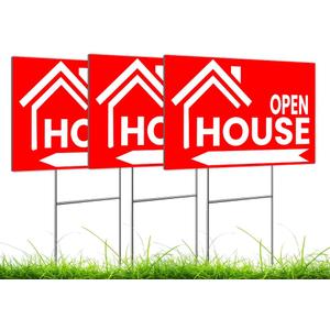 Set of 3 Double Sided 12x16 Open House Red Sign for Real Estate Agent Supplies with H Wire Stakes - Realtor Supplies for Sent Houses or Sale Yard Plastic Signs - Open House Directional Signs Kit
