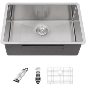 Sarlai 26 Inch Undermount Kitchen Sink- 26x18 Inch Undermount Stainless Steel16 Gauge Single Bowl Under Counter Kitchen Sink Round Corner Basin, 26"x18"x10"