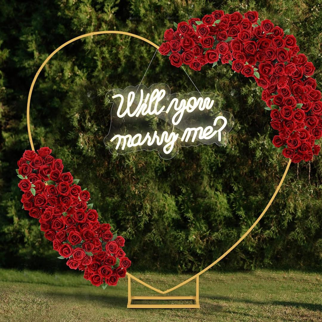 VIHOSE Large Metal Heart Arch Stand and Will You Marry Me LED Neon Light Sign Wedding Hanging Wall Decor for Proposal, Bridal, Engagement and Birthday Party(gold, 16.5 x 9.8 Inches)