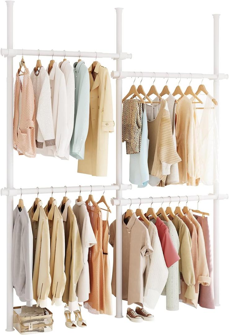 Floor to Ceiling Clothes Rack, Heavy-Duty Telescopic Garment Rack, 43122in Height & 3047in Width, 220lbs Total Load Capacity, 4-Pole, White