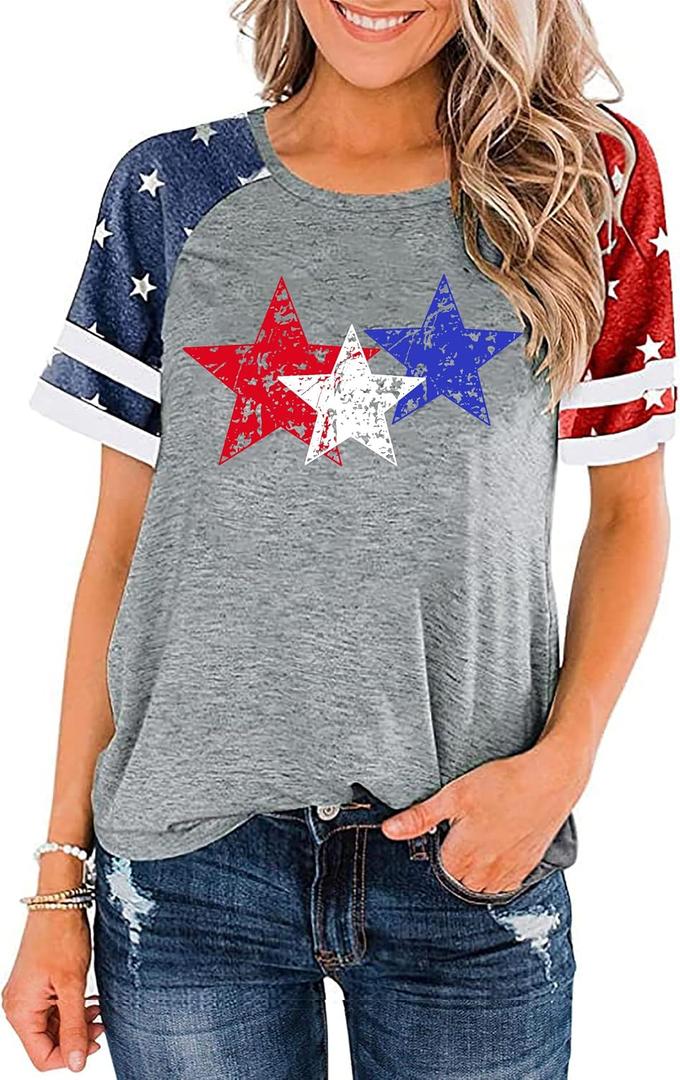 American Flag Shirt Women 4th of July Shirts USA Flag Graphic Patriotic Tshirt Raglan Color Block Tops, Size 2XL