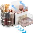 Makeup Organizer, 360-Degree Rotating Desk Organizers with Lid, Cosmetic Display Case with Drawer, Art Supply Storage Box Caddy for Office Desk, Vanity, Countertop, Bathroom, White