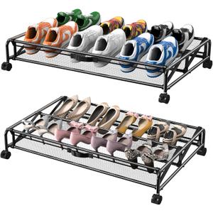 Under Bed Shoes Storage, 2 Pack Rolling Under-bed Storage Containers with Wheels, Under Bed Shoe Organizer Breathable Mesh Fabric with Metal Frame