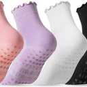 CoolMate Pilates Socks with Grips for Women, Yoga Socks, Crew Non Slip Women for Barre, Pilates Gifts for Women (A-06k. 4 Pairs Ruffle Black/White/Light Purple/Pink)