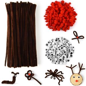 PLULON 922 Pcs Christmas Pipe Cleaners Craft Set Brown Pipe Cleaners Chenille Stems with Red Pom Poms Googly Eyes for Christmas DIY Crafts Supplies (Brown, Red)