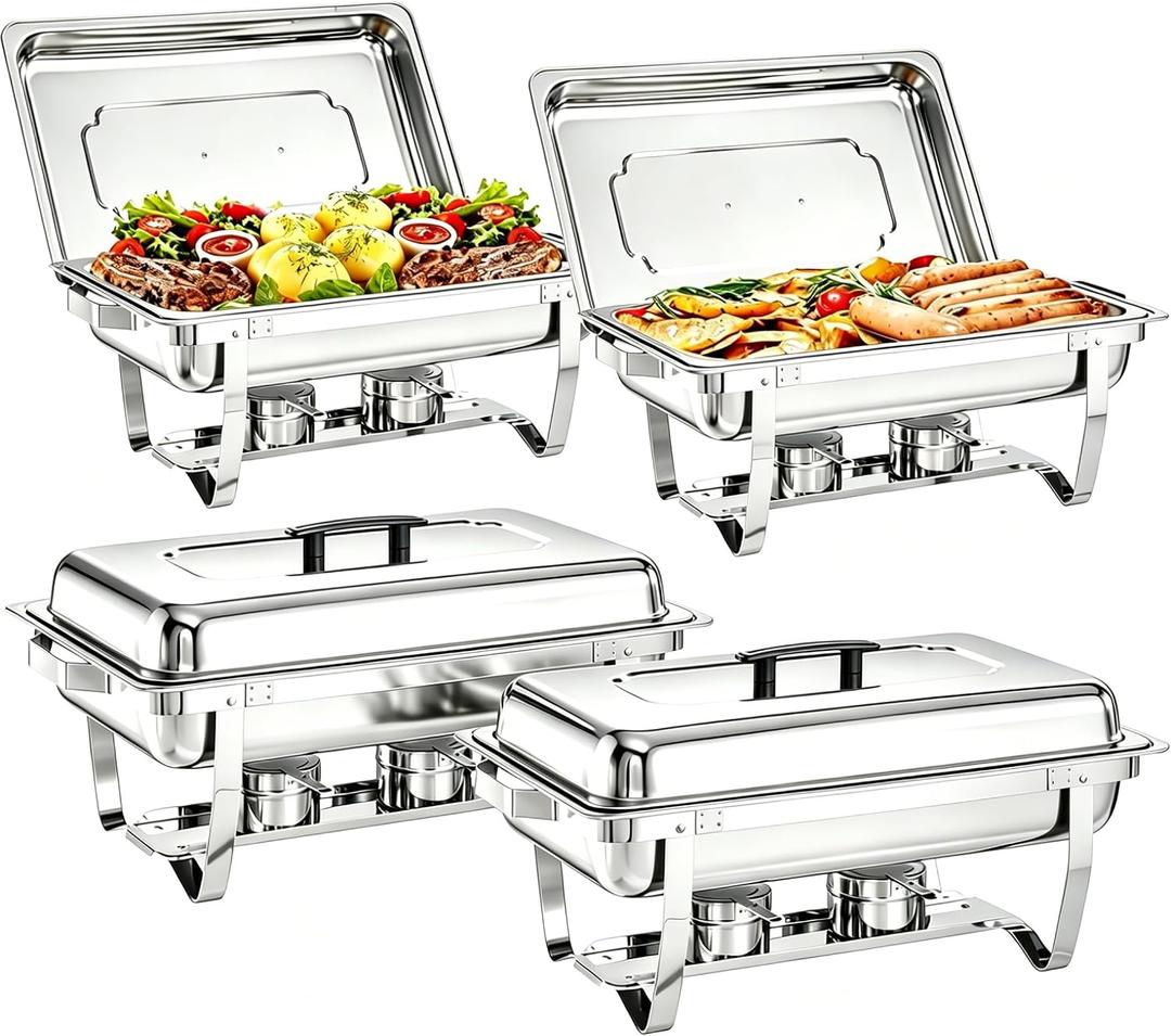 Chafing Dishes for Buffet 4 Pack, 9 Quart Stainless Steel Chafing Dish Buffet Set with Folding Frame, Food Warmers for Parties, Catering Supplies, Banquets, and Weddings