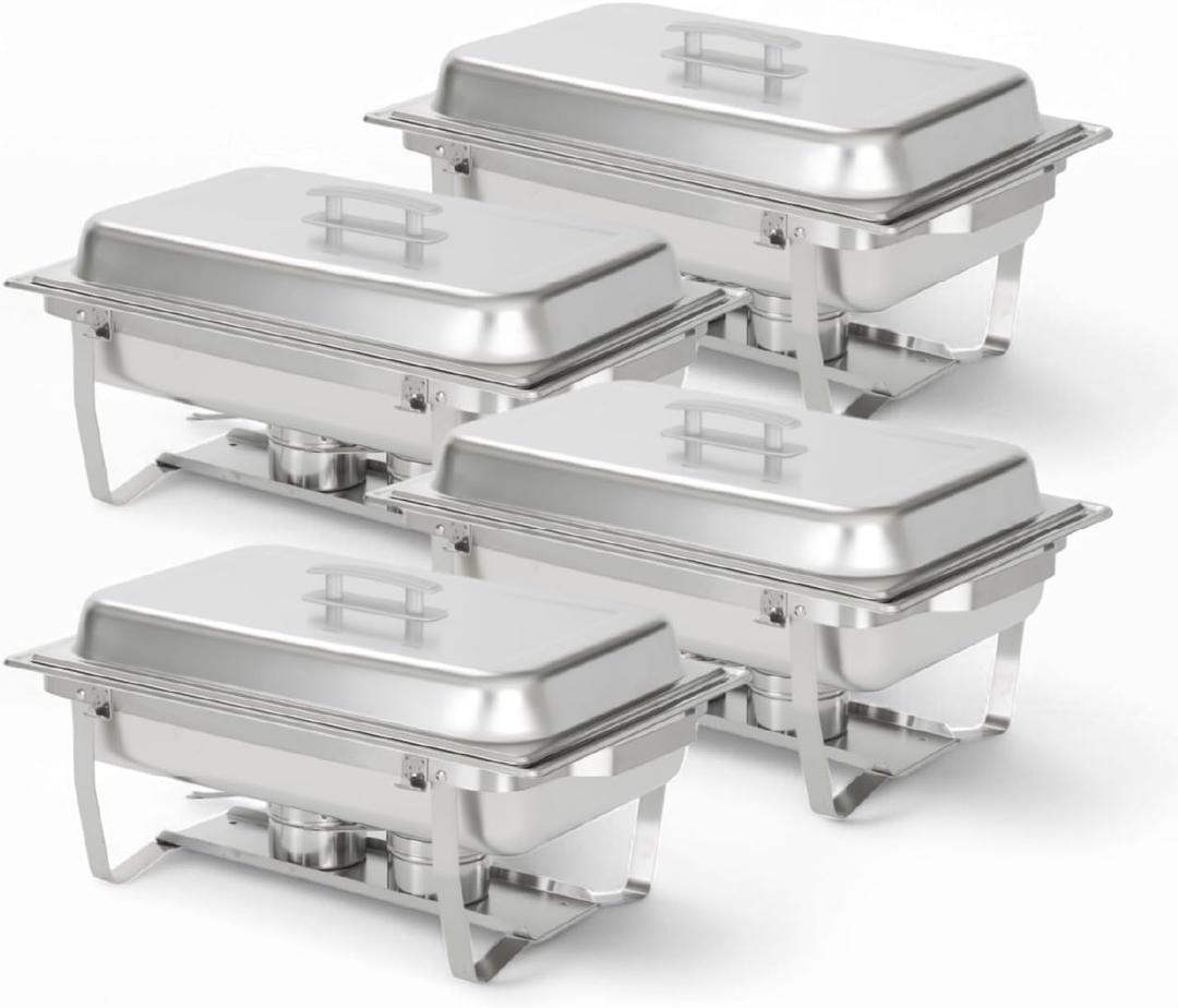 Alpha Living 4 Pack Chafing Dish Full Set Stainless Steel Catering Chafer with Lids, Pans & Fuel Holders Buffet Food Warmers for Parties, Events & Weddings Alpine Gray Handles 4 Pack - Regular Edge