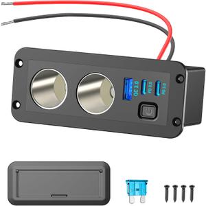 Dual Cigarette Lighter Socket 12V Splitter Panel 78W 12V USB Outlet Dual USB C PD and QC3.0 Port Car Charger Power Outlet with ON/Off Switch 15A Fuse Adapter for Car Boat Marine RV, etc