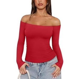REORIA Womens Long Sleeve Off The Shoulder Tops Going Out Cute Basic Y2K Fall Fashion 2025 Outfits Clothes (Small, Red)