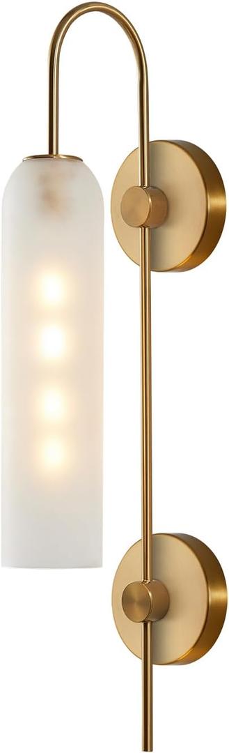 BOKT Mid Century Modern 1-Light Wall Mounted Light Brushed Gold Metal Wall Sconce Lighting Minimalist Anti Brass Wall Sconce Lamp White Glass Bathroom Vanity Light Fixture (White)