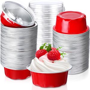 Eaasty 150 Pcs Baking Cups with Lids, 1.6 oz Muffin Cupcake Liners Aluminum Foil Mini Cake Pans Small Disposable Ramekins Flan Containers with Lids for Christmas, Birthday, Various Holiday(Red)