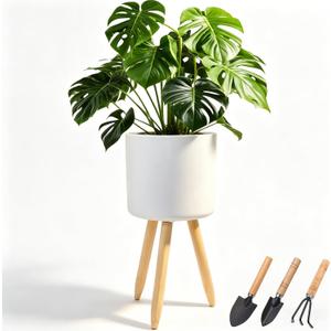 Plant Stand for Indoor Plants, Metal Planter Stand with Wooden Legs, White Flower Plant Pot Holder for Living Room, Office, Bedroom, Modern Home Decor