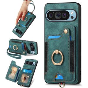 for Google Pixel 9 / Pixel 9 Pro Phone Case Wallet Card Holder, PU Leather Flip Folio Case, RFID Blocking Ring Holder Kickstand Wrist Strap Magnetic Protective Men Cover for Pixel 9 / Pixel 9 Pro Green