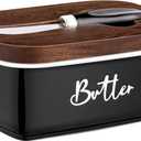 ALELION Black Butter Dish with Lid and Knife for Countertop - Airtight Ceramic Butter Keeper Container with Thick Acacia Wood Lid for Counter or Fridge - for Farmhouse Kitchen Decor and Accessories