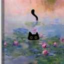 Framed Funny Black Cat Canvas Wall Art Picture Black Cat in the Pink Water Lily Evening Painting Vintage Preppy Aesthetic Animal Posters Prints for Living Room Bedroom Bathroom Decor 16x24-Inch