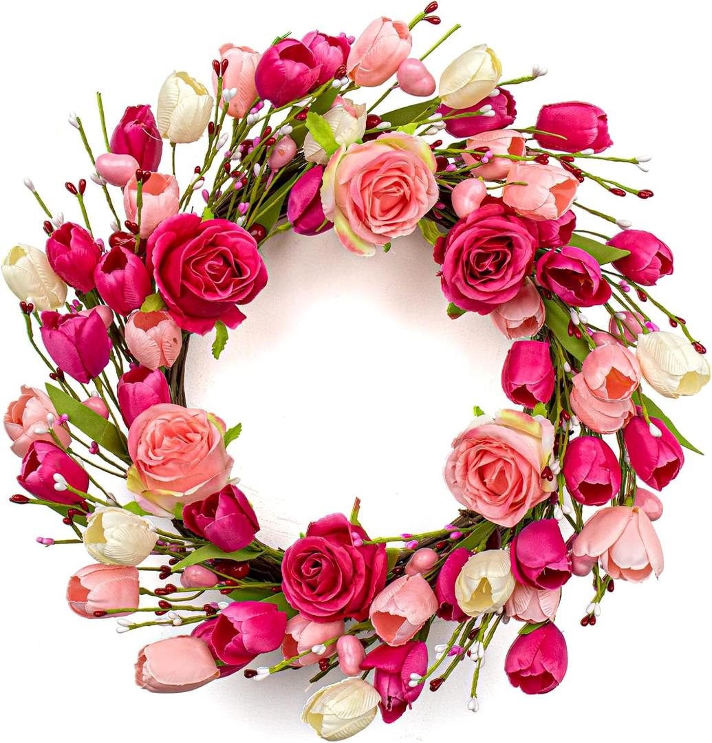 Artifical Valentine's Day Wreath 20 Inches Valentines Wreaths for Front Door Valentines Door Wreath Valentines Floral Wreaths with Rose Tulips Flowers for Wall Window Porch Home Wedding Party