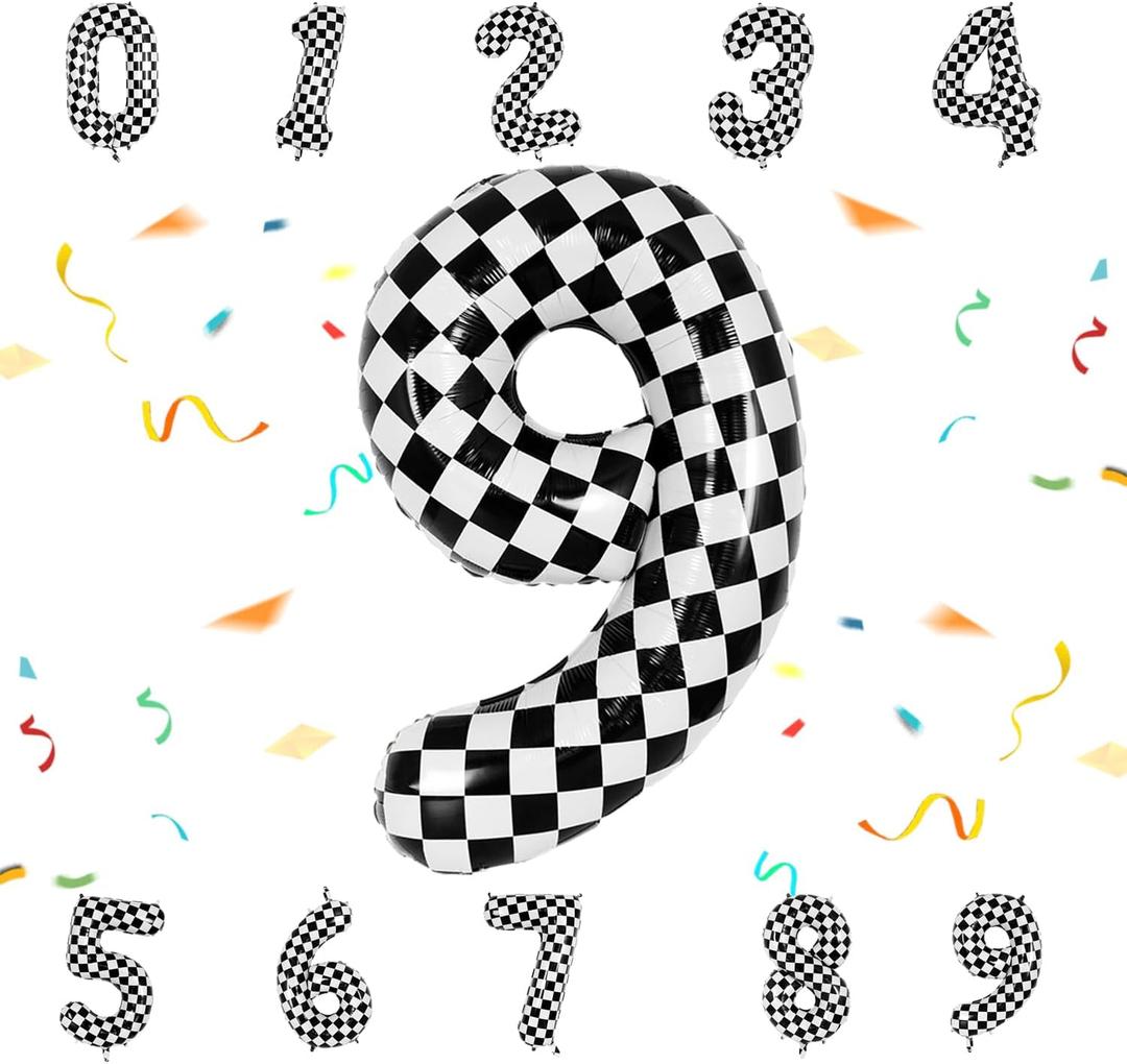 5 x 40 Inch Checkered Number Balloon - Race Flag Pattern Big Helium Balloon for Birthday Party Decorations - Black & White Balloon for Kids Adults Party Supplies (Racing Car, Number 9)