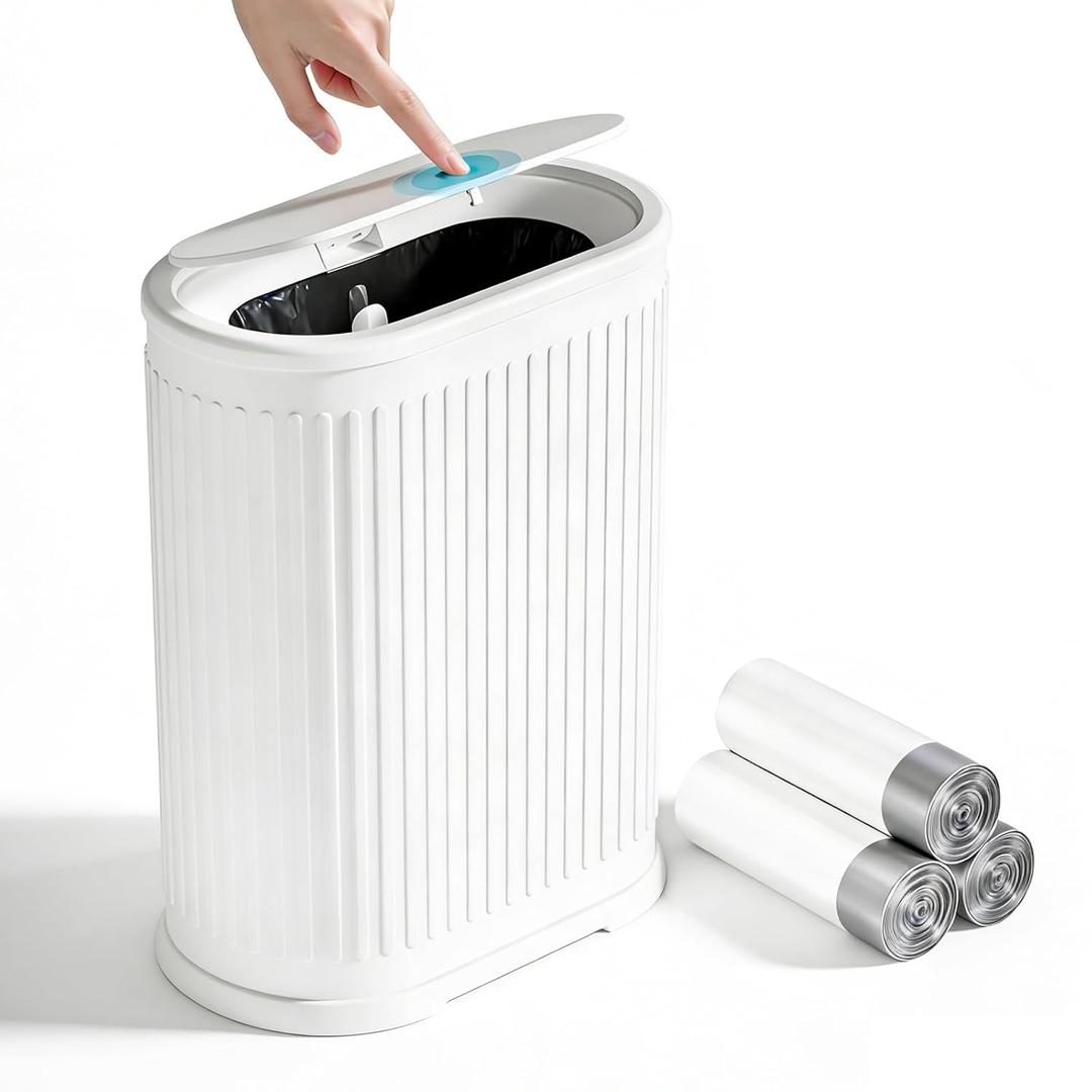 1.8 Gallon Press Top Small Garbage Can with Lid, White Stainless Steel Garbage Can, Removable Inner Garbage, Includes 60 Garbage Bags, Slim Narrow Space Saving for Bathroom, Bedroom