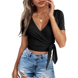 Crop Tops for Women Summer Cute Tops with Deep V Neck Shirts Sexy Unique Cross Wrap Slim Fit Tie Up Front Short Sleeve (XX-Large, 101-black)
