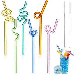 Yinkin 6 Pcs Wavy Glass Straws Reusable Curved Straw Shatter Resistant with 2 Cleaning Brushes Clear Silly High Borosilicate for Kids Adults Smoothies Juice (Colorful, 8 Inch)