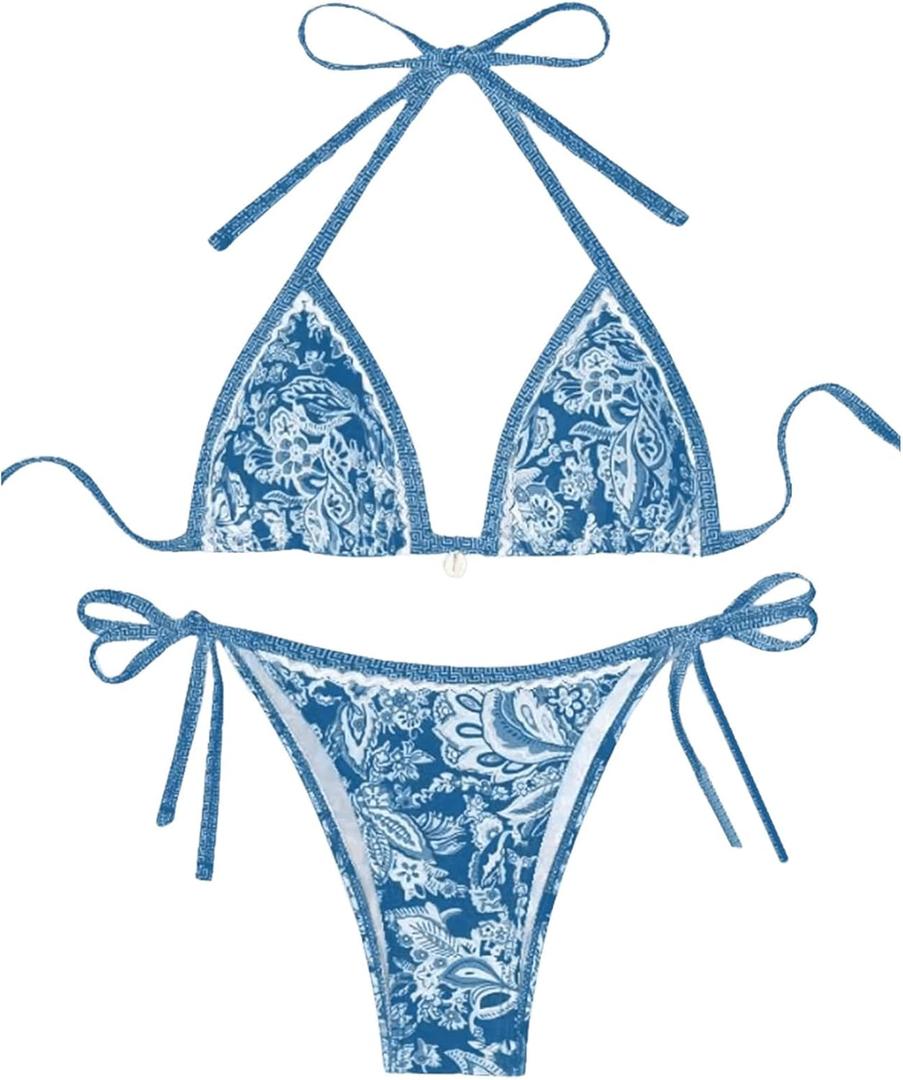SHENHE Women's 2 Piece Halter Swimsuit Textured Tie Side Triangle Bikini Bathing Suit Blue and White Large