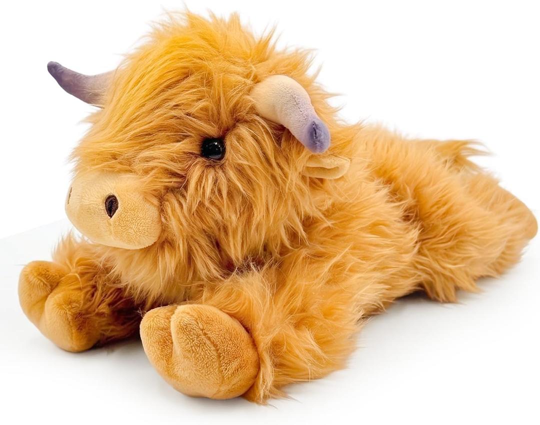 Highland Cow Microwavable Stuffed Animal  1.5 lb Unscented Heating Pad Plush, Soft Cozy Cute Cow Toy for Relaxation and Comfort, Gift for Women, Girls, Adults & Kids by Happy Fuel (Brown Highland Cow (Lying Down))