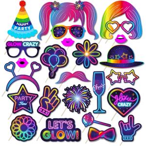 25pcs Glow Neon Photo Booth Props with Stick, Photo Props for Birthday Let's Glow Themed Neon Glow in The Dark Disco Black Light Party Decoration Supplies