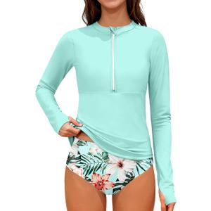 Girls Rash Guard Swimsuit Half-Zip Long Sleeve Modest Bathing Suit with Chest Padding 2Pcs Teen Girl Swimwear UPF 50+ (Blue, S)