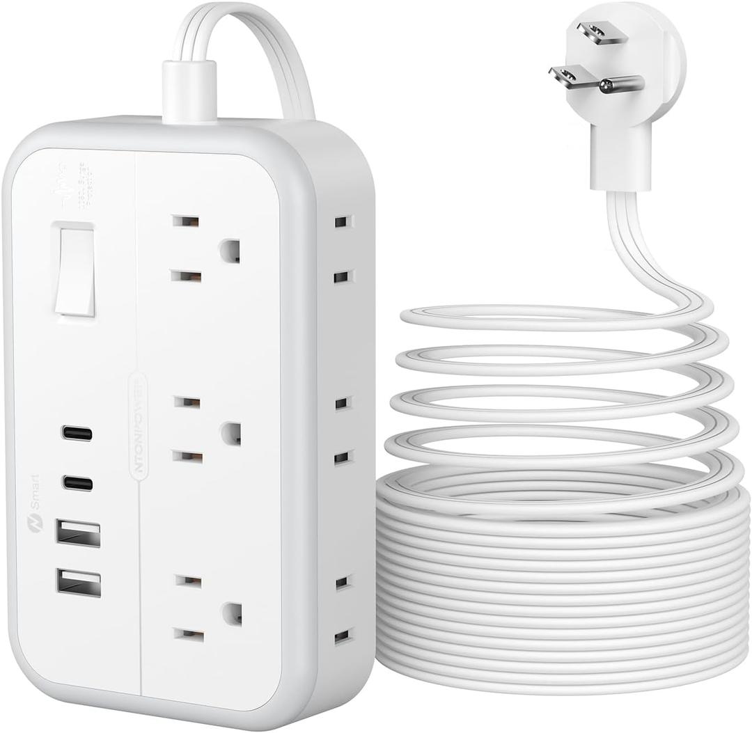 Flat Plug Extension Cord 25 ft, Power Strip, Outlet Extender with 6 Outlets 4 USB Ports, Overload Protection, Long Extension Cord with Multiple Outlets for Indoor, Home, Office, White