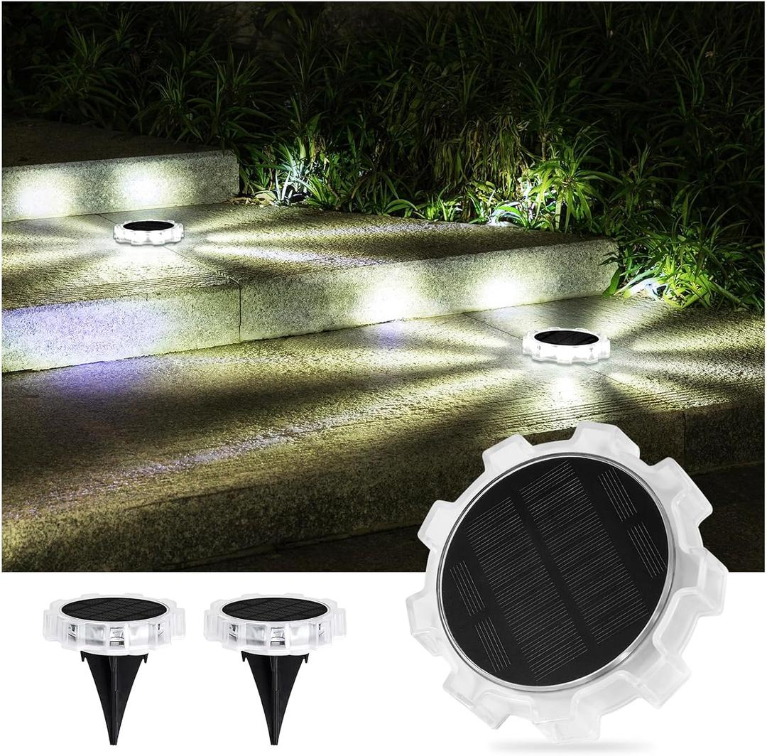 Solar Ground Lights Outdoor Waterproof, 4 Modes LED Round Lights (2 Pack) - for Garden Pathway, Yard, Deck, Wall - Warm White