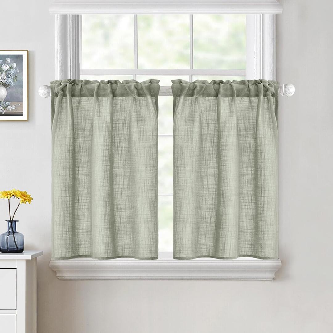 MIULEE Spring Farmhouse Short Curtains 36 Inch Length Half Window Curtain Semi Sheer Linen Drapes for Kitchen Bathroom Basement Cafe Small Window, Rod Pocket Tier Curtains 2 Panels W26XL36, Sage