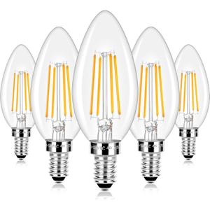 E12 LED Candelabra Bulbs 40 Watt Equivalent, 4W Vintage Candle Light Bulbs Dimmable, 470Lm Warm White 2700K B11 Edison Bulb, Filament Clear Glass Lamp Bulb for Chandelier Ceiling Fan (5 Packs)