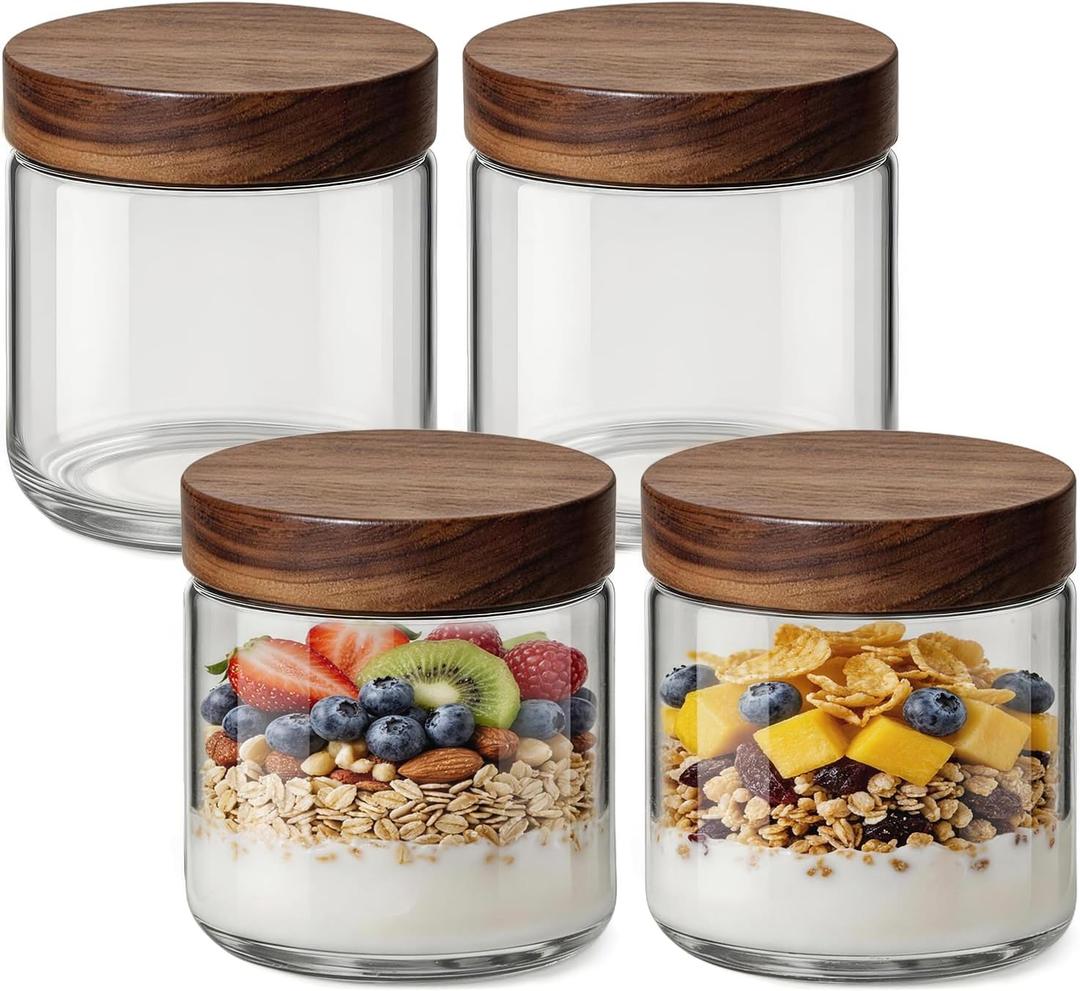 10oz 4 Pack Overnight Oats Containers with Lids, Small Glass Mason Jars with Acacia Wood Airtight Lids, Wide Mouth Meal Prep Storage Jars for Oats, Chia Pudding, Salad, Parfait, Snacks, Spice