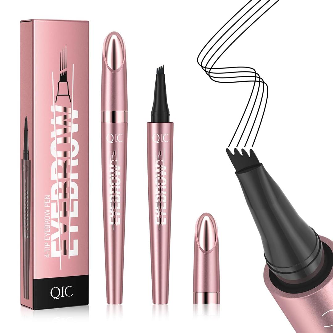 QIC 4-Tip Microblading Eyebrow Pen, Waterproof Brow Marker Pen for Hair Stroke Brows, Quick-Dry Smudge-Resistant, Black