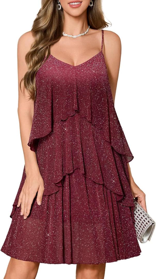 DRESSTELLS Women's Cocktail Ruffle Tiered Dresses, Formal Wedding Guest Graduation Party Mini Dress (Medium, Glitter Burgundy)
