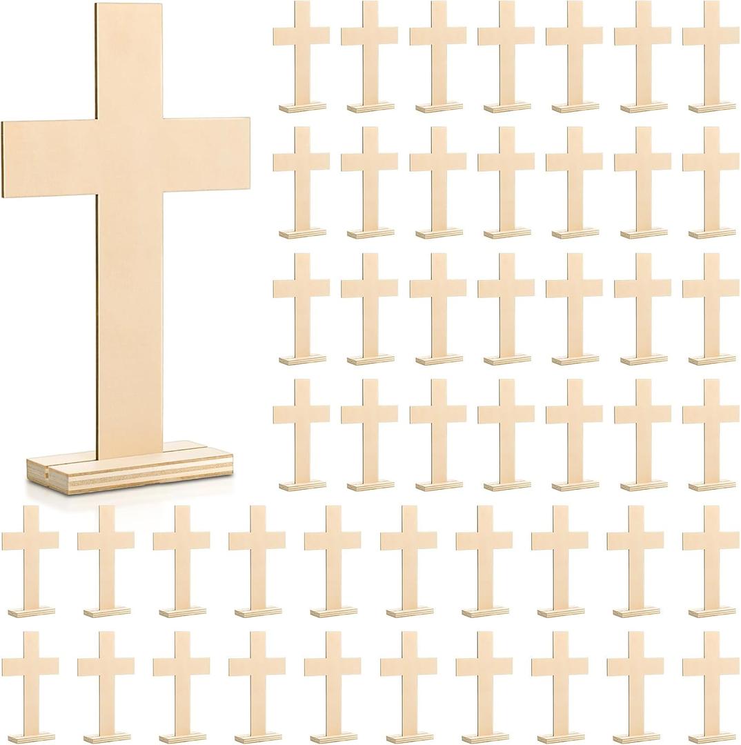 Beeveer 48 Pcs Nativity Wooden Crosses for Baptism, Unfinished for Centerpieces Standing for Crafts Rustic Wood Cross First Communion Baptism Christmas Decorations(Classic)