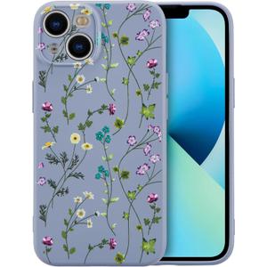 RALEAVO Floral Case for iPhone 13,Liquid Silicone Cover with Cute Flower Branch Pattern for Girls Women Slim Soft Rubber Protective Phone Case for iPhone 13 6.1",Gray