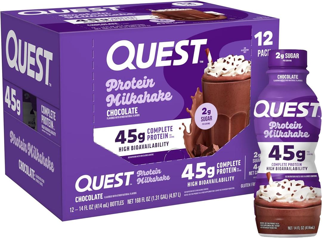 Quest Nutrition Chocolate Protein Shake, 45g Protein, 2g Sugar, 4g Net Carbs, Ready to Drink, Gluten Free, 12 Count (EXP 02/24/26)